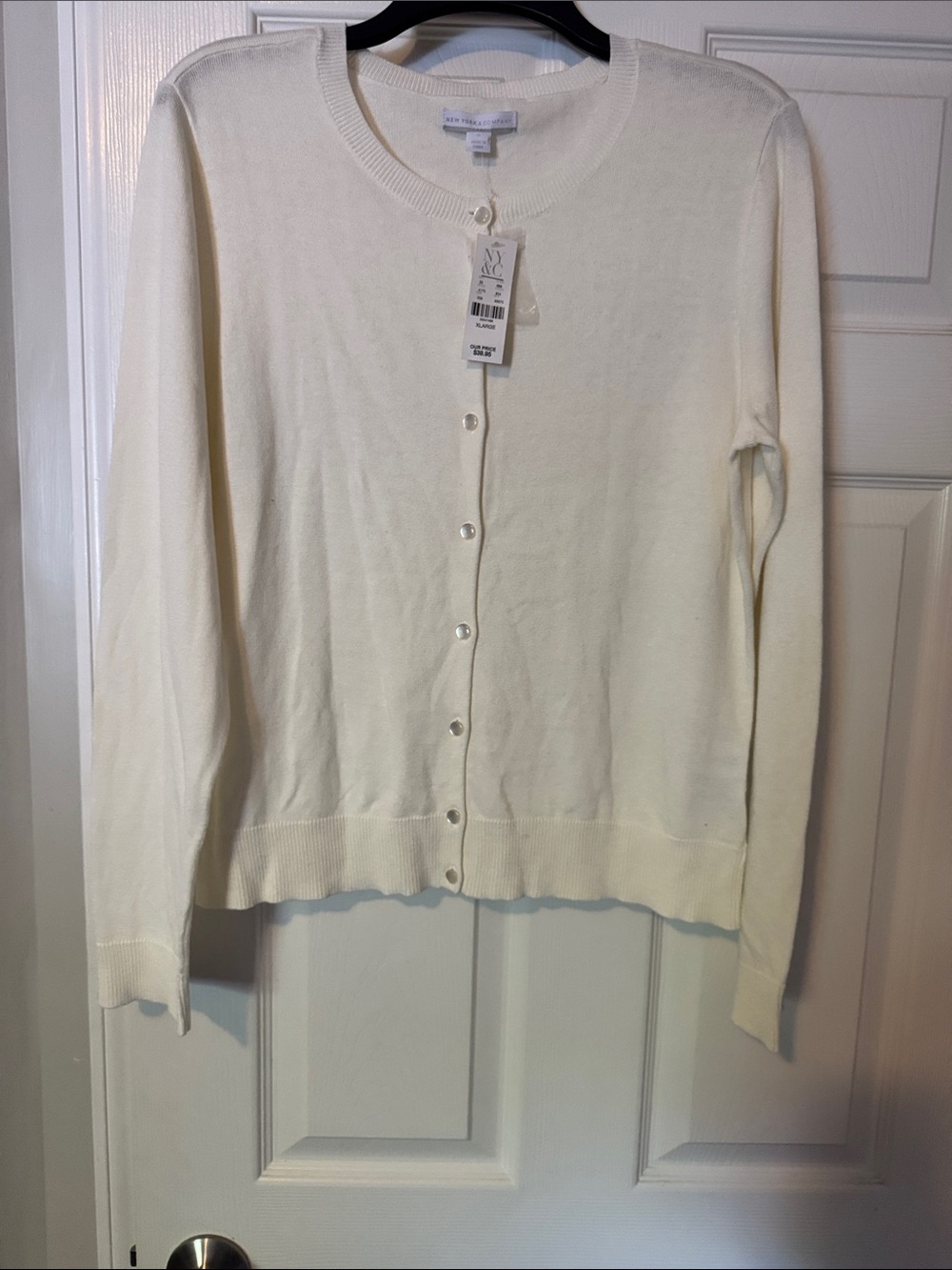 New York & Company Ivory Crewneck Button-Front Cardigan